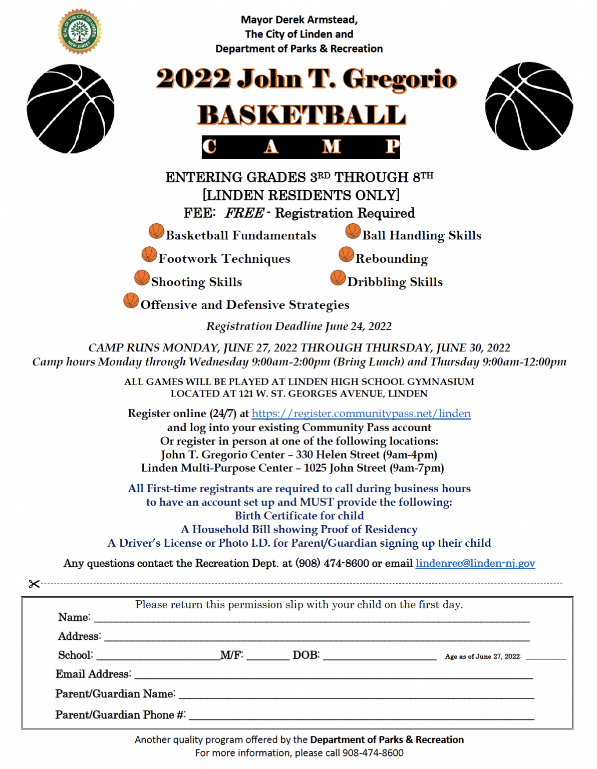 Linden Recreation basketball camp Register by June 24 Linden Public
